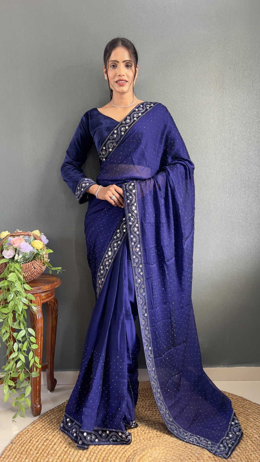 Ready to wear Premium rangoli silk fabric Swarovski with Real mirror work saree
