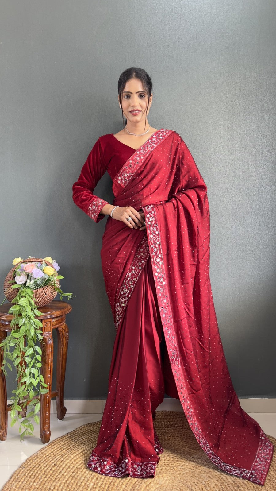 Ready to wear Premium rangoli silk fabric Swarovski with Real mirror work saree