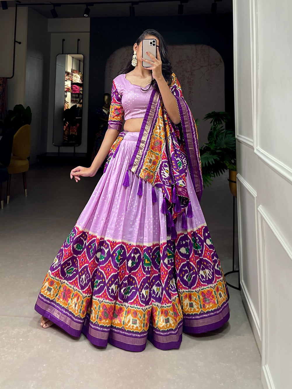 Women's wear Ghagra choli Tussar silk fabric with Patola print work lehenga with Dupatta