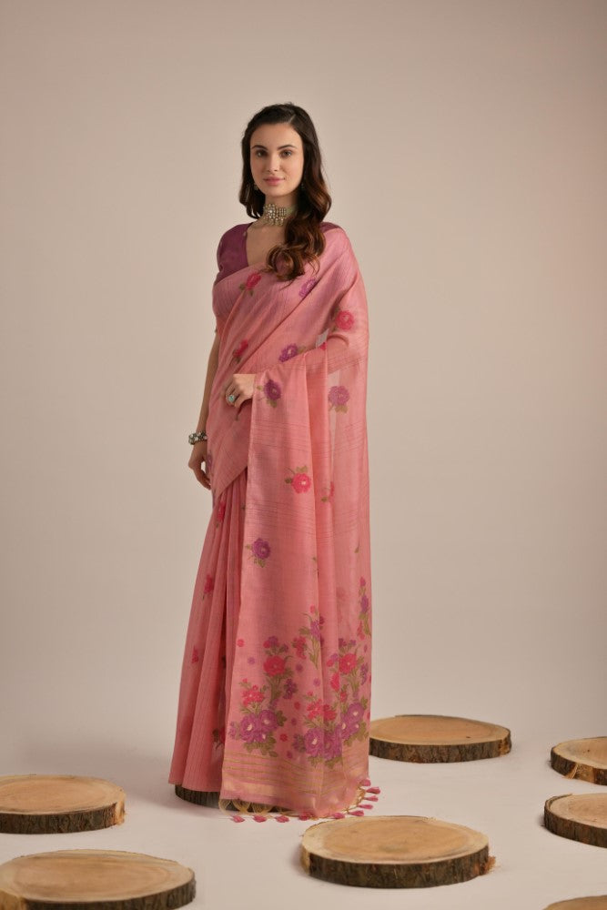 Women's Designer Premium Soft Muga Cotton saree Weaving Pallu work with fancy tassels