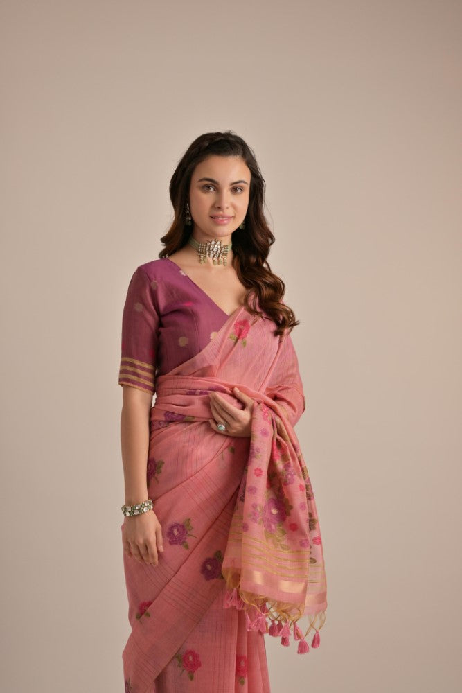 Women's Designer Premium Soft Muga Cotton saree Weaving Pallu work with fancy tassels