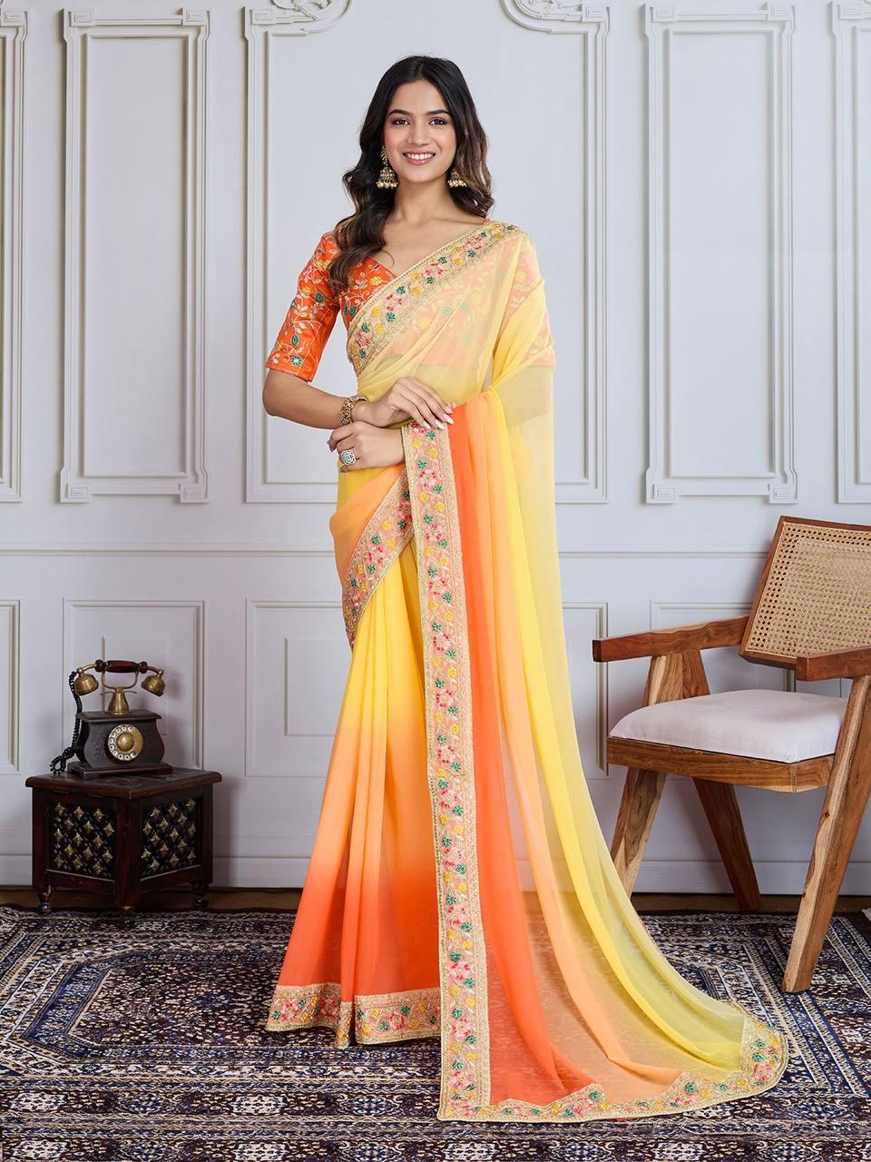 Georgette fabric Padding print with embroidery lace border work saree