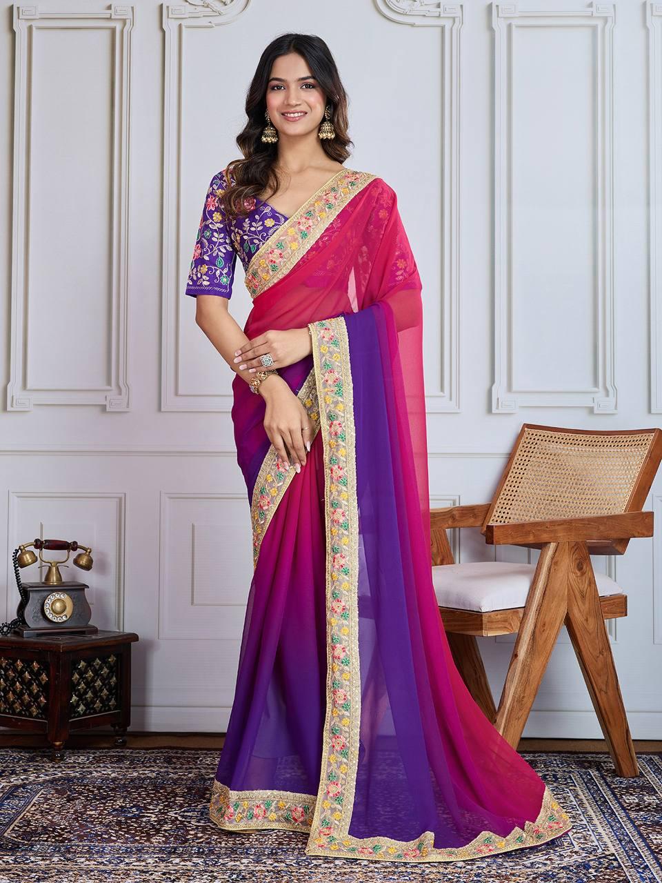 Georgette fabric Padding print with embroidery lace border work saree