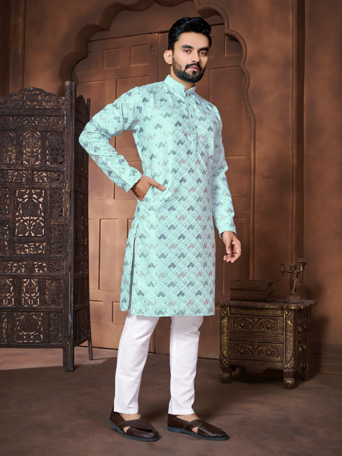 Italian silk Thread embroidery work Kurta Men's wear Kurta pajama set