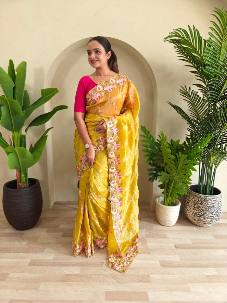 Pure crush silk saree All over Leheriya embroidery with cut work