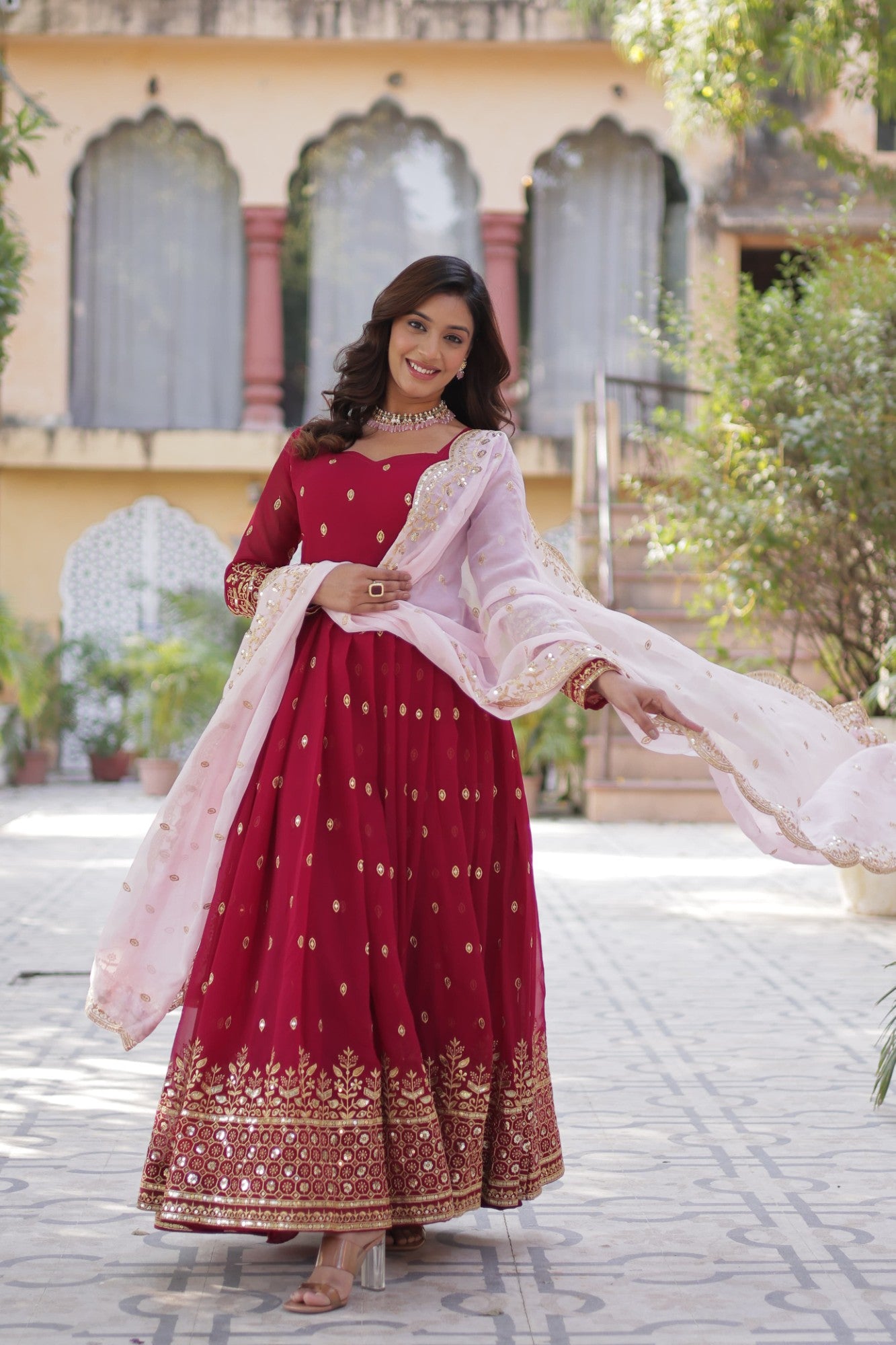 Rani color gown Embroidered work Gown with Dupatta Set
