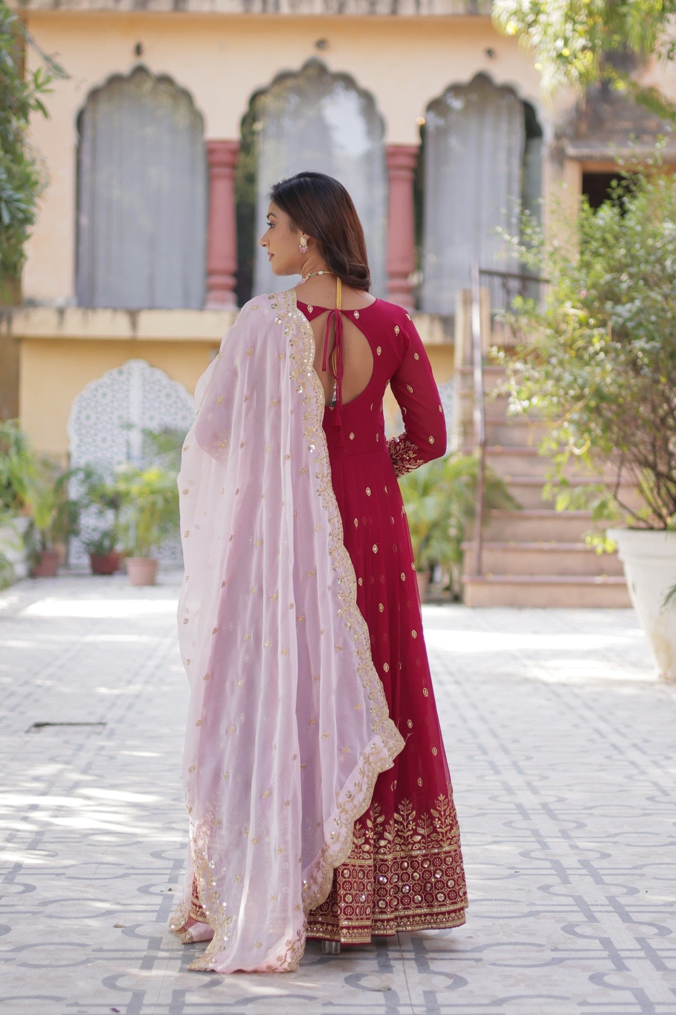 Rani color gown Embroidered work Gown with Dupatta Set