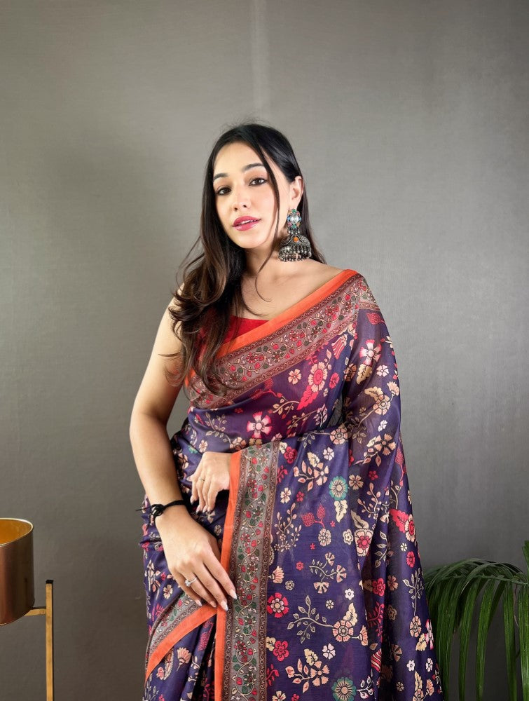 Women's wear saree with blouse Pure malai cotton fabric Kalamkari print work saree