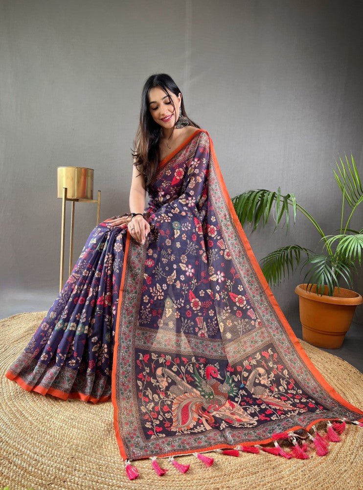 Women's wear saree with blouse Pure malai cotton fabric Kalamkari print work saree