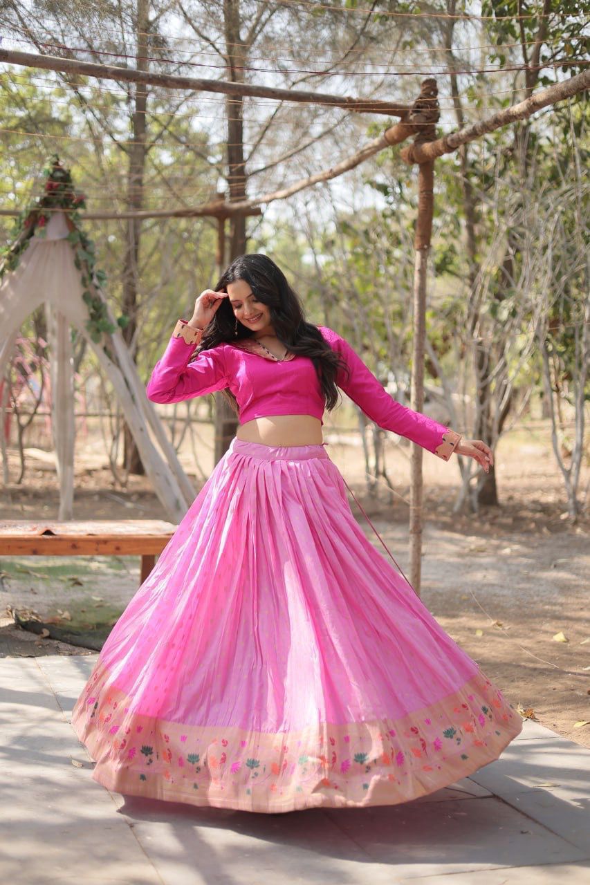 Pure dyable viscose Jacquard with Kalamkari Zari border Lehenga choli