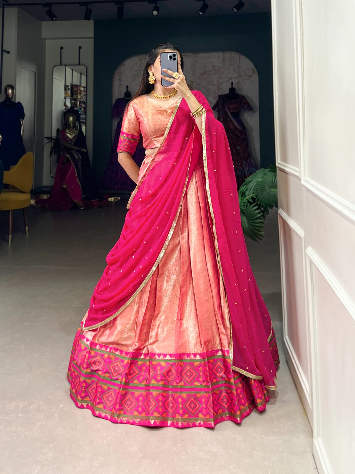 Jacquard silk Lehenga choli with Dupatta Weaving with Ikkat kanjivaram work lehenga