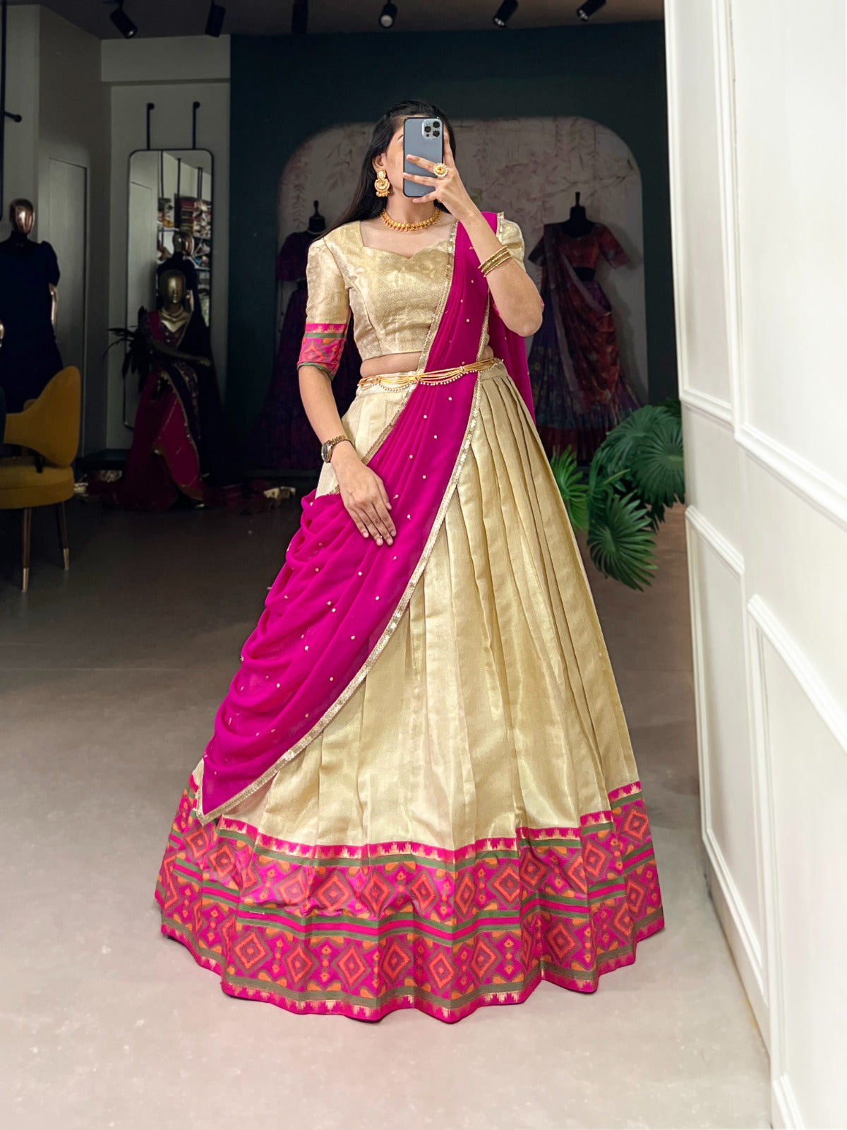 Jacquard silk Lehenga choli with Dupatta Weaving with Ikkat kanjivaram work lehenga