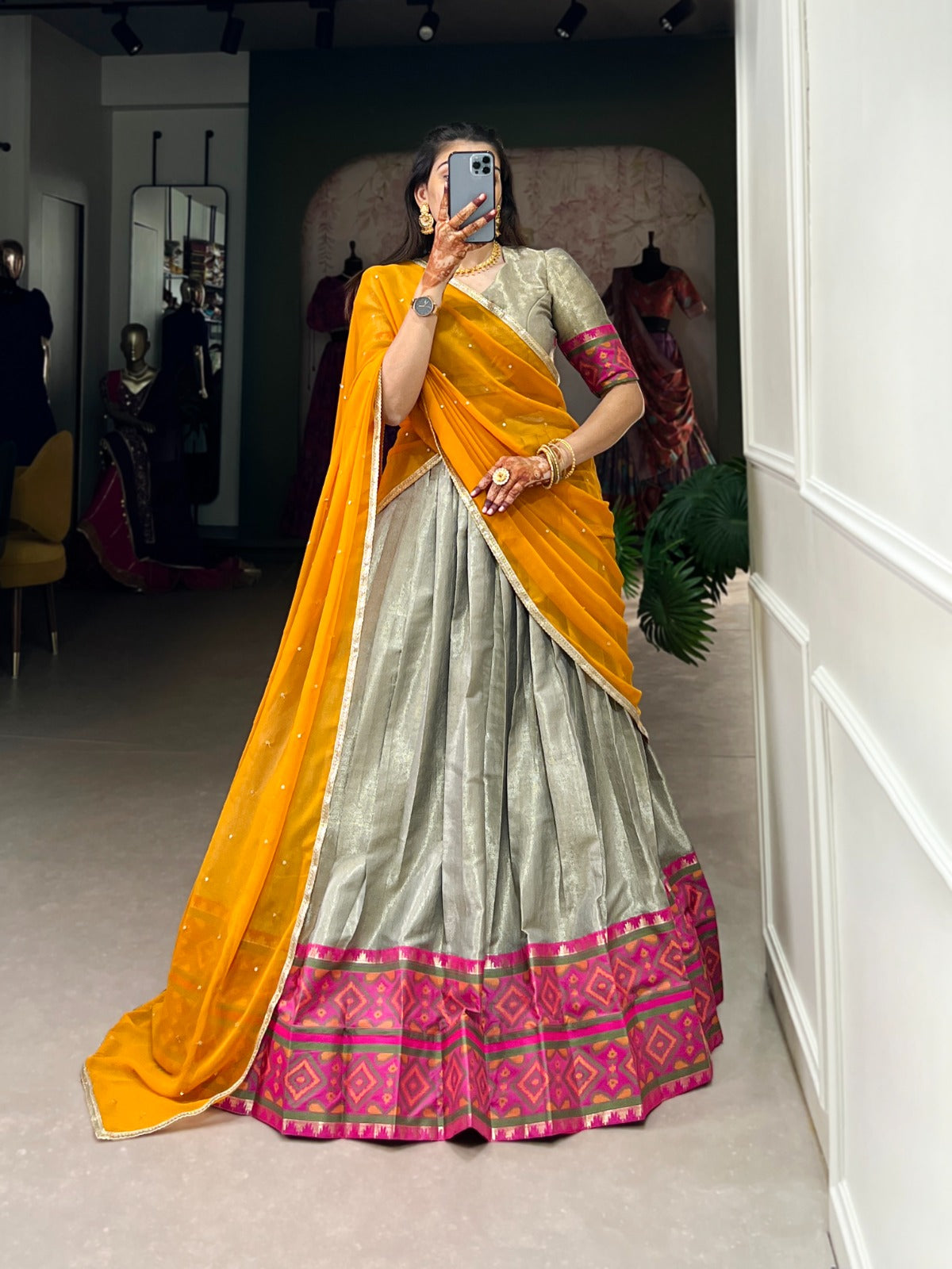 Jacquard silk Lehenga choli with Dupatta Weaving with Ikkat kanjivaram work lehenga