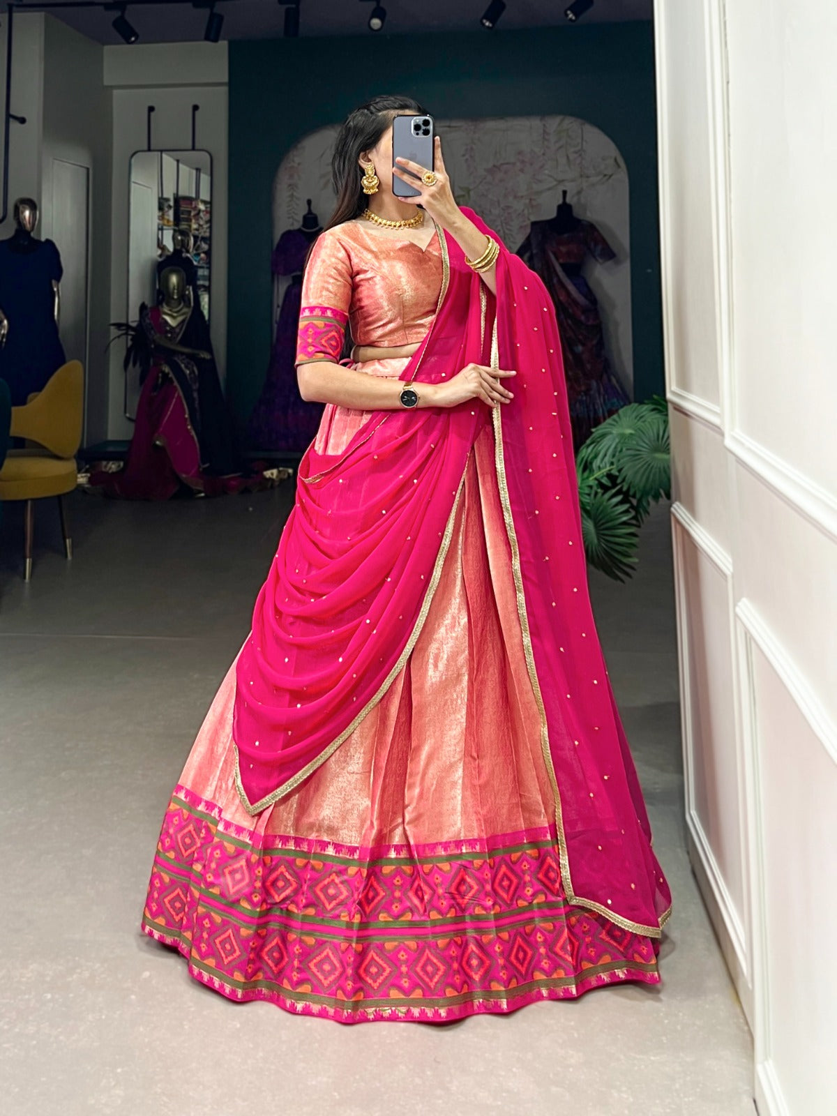 Jacquard silk Lehenga choli with Dupatta Weaving with Ikkat kanjivaram work lehenga