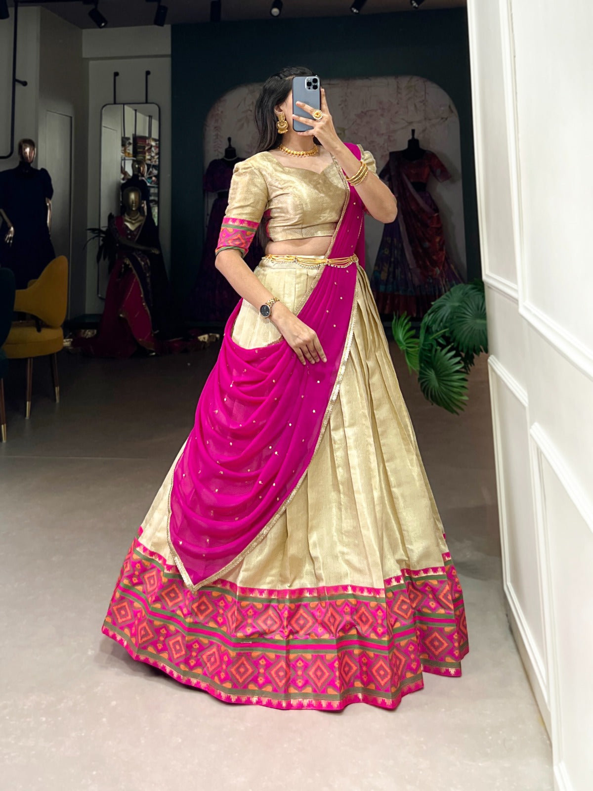 Jacquard silk Lehenga choli with Dupatta Weaving with Ikkat kanjivaram work lehenga