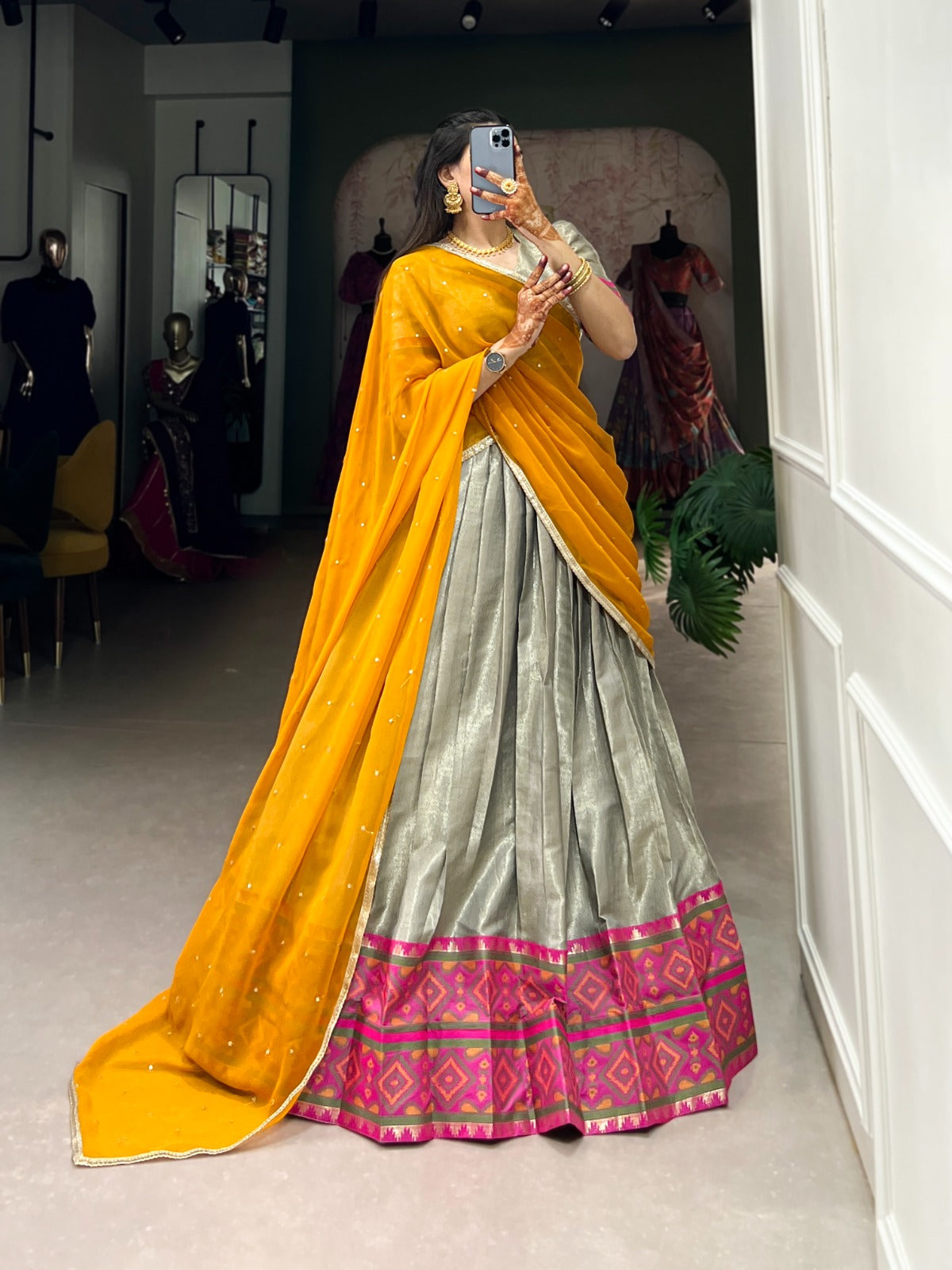 Jacquard silk Lehenga choli with Dupatta Weaving with Ikkat kanjivaram work lehenga