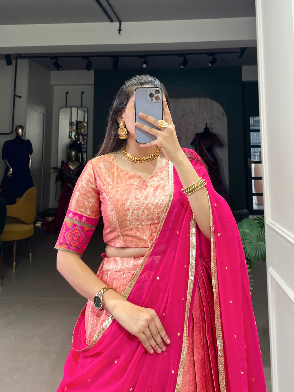 Jacquard silk Lehenga choli with Dupatta Weaving with Ikkat kanjivaram work lehenga