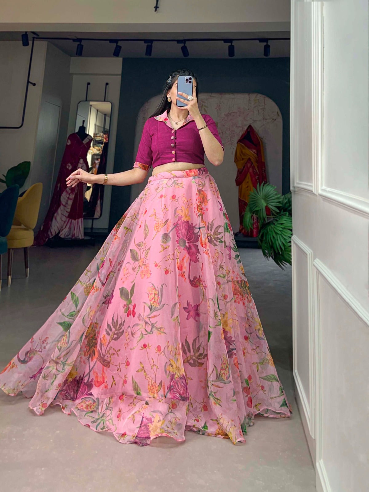 Organza lehenga choli Floral printed lehenga with stitched blouse