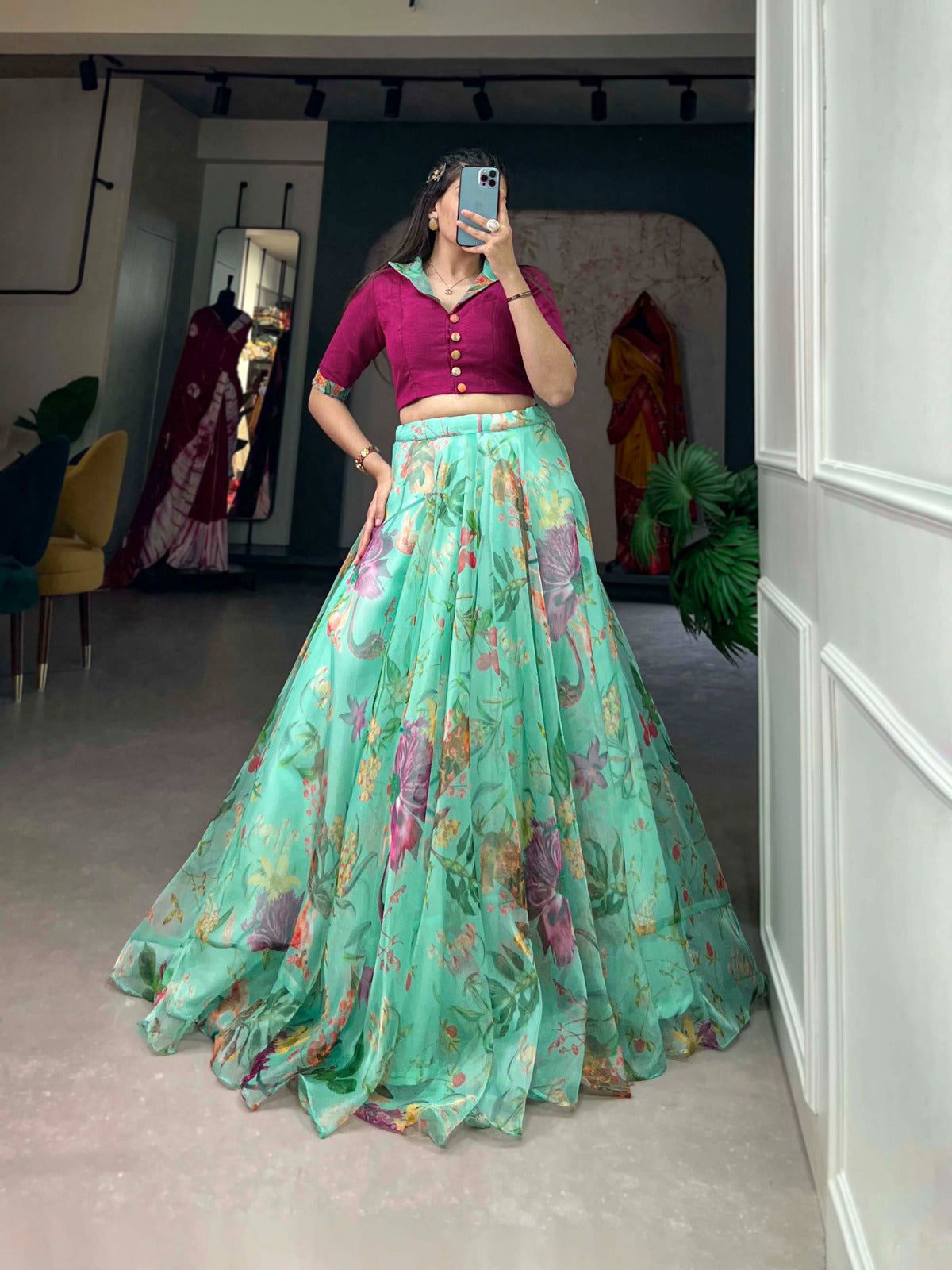 Organza lehenga choli Floral printed lehenga with stitched blouse