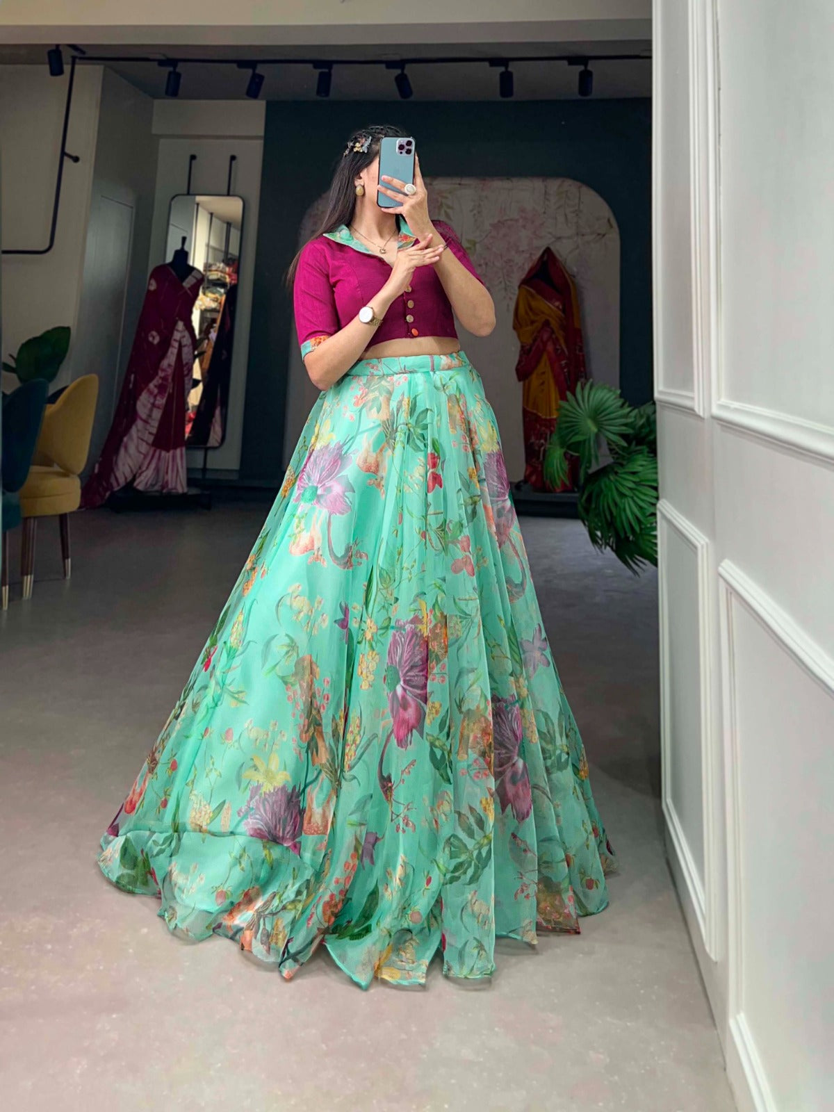 Organza lehenga choli Floral printed lehenga with stitched blouse