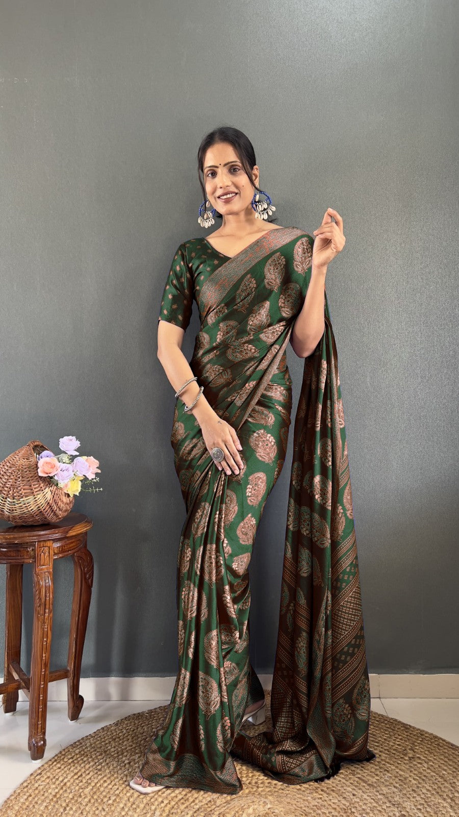 Women's Ready to wear Soft moss silk Printed classic saree