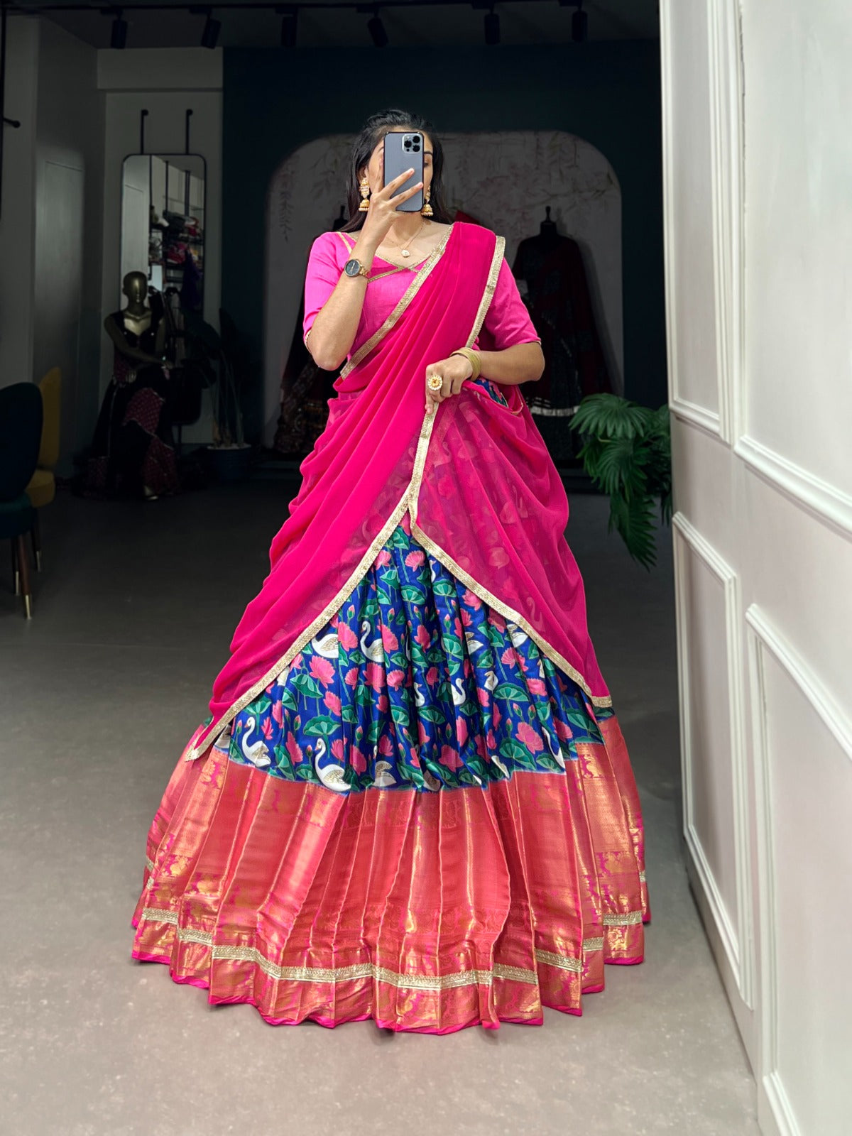 Mysore silk Lehenga choli with Dupatta Pichwai print with Zari weaving border work