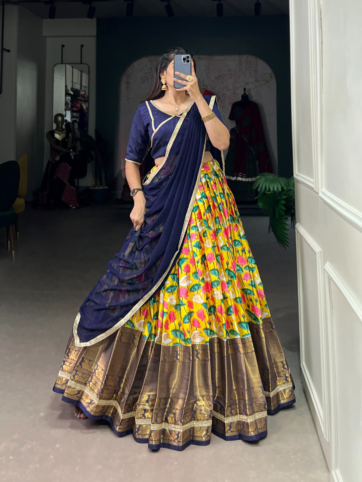 Mysore silk Lehenga choli with Dupatta Pichwai print with Zari weaving border work