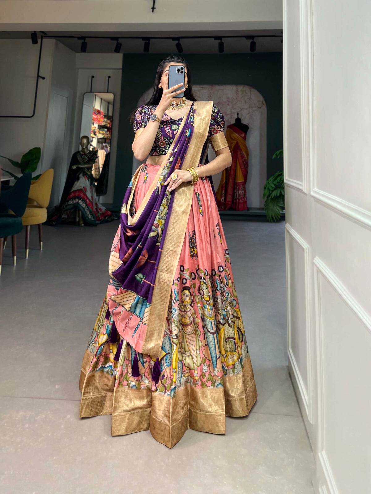 Indian ethnic Lehenga choli Dola silk fabric Kalamkari print work Weaving border lehenga with dupatta