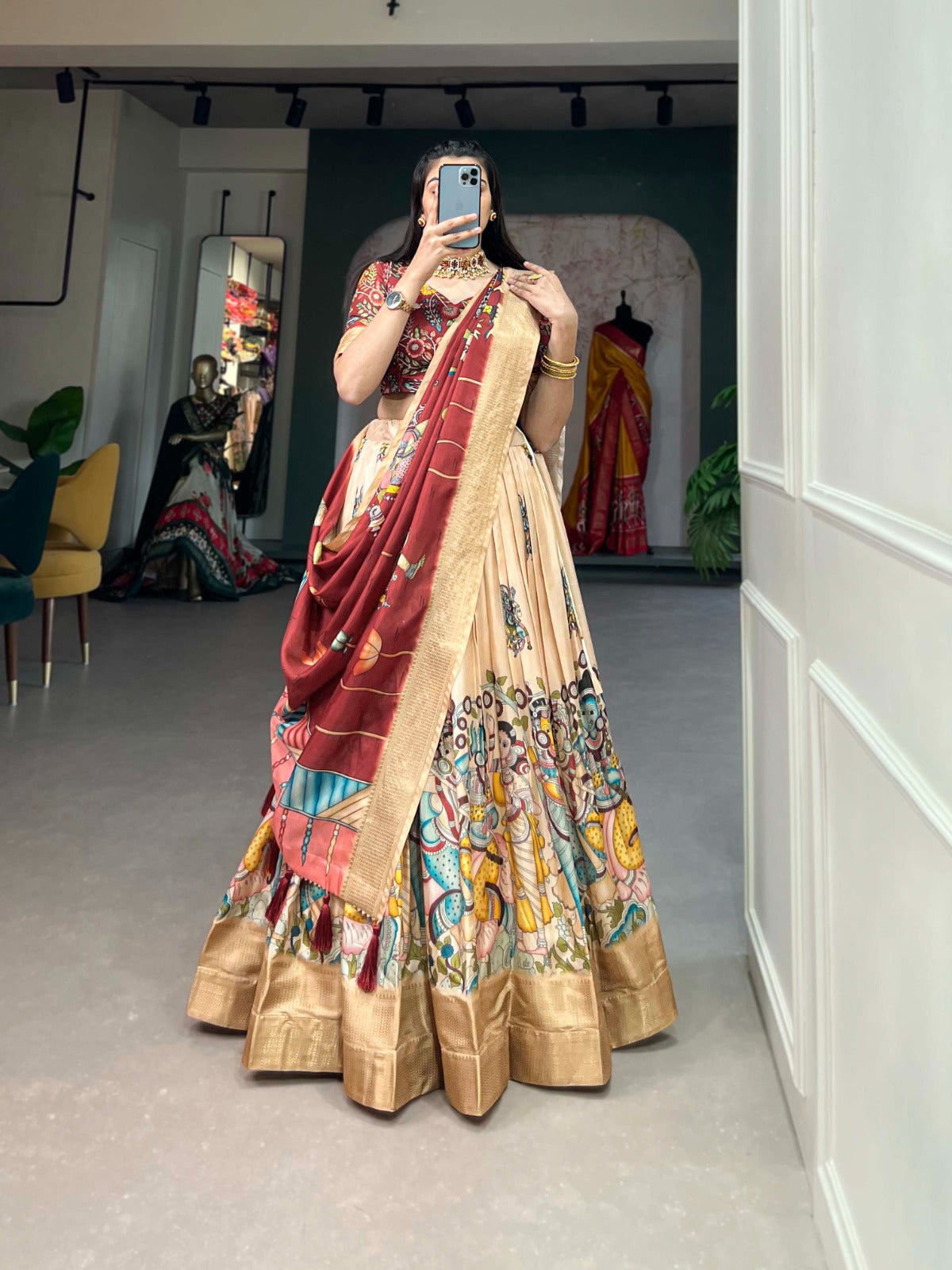 Indian ethnic Lehenga choli Dola silk fabric Kalamkari print work Weaving border lehenga with dupatta