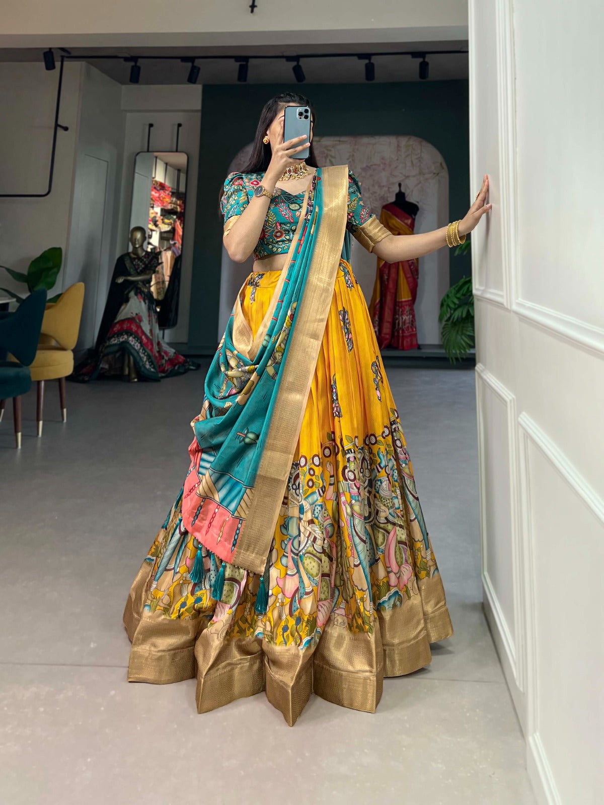 Indian ethnic Lehenga choli Dola silk fabric Kalamkari print work Weaving border lehenga with dupatta
