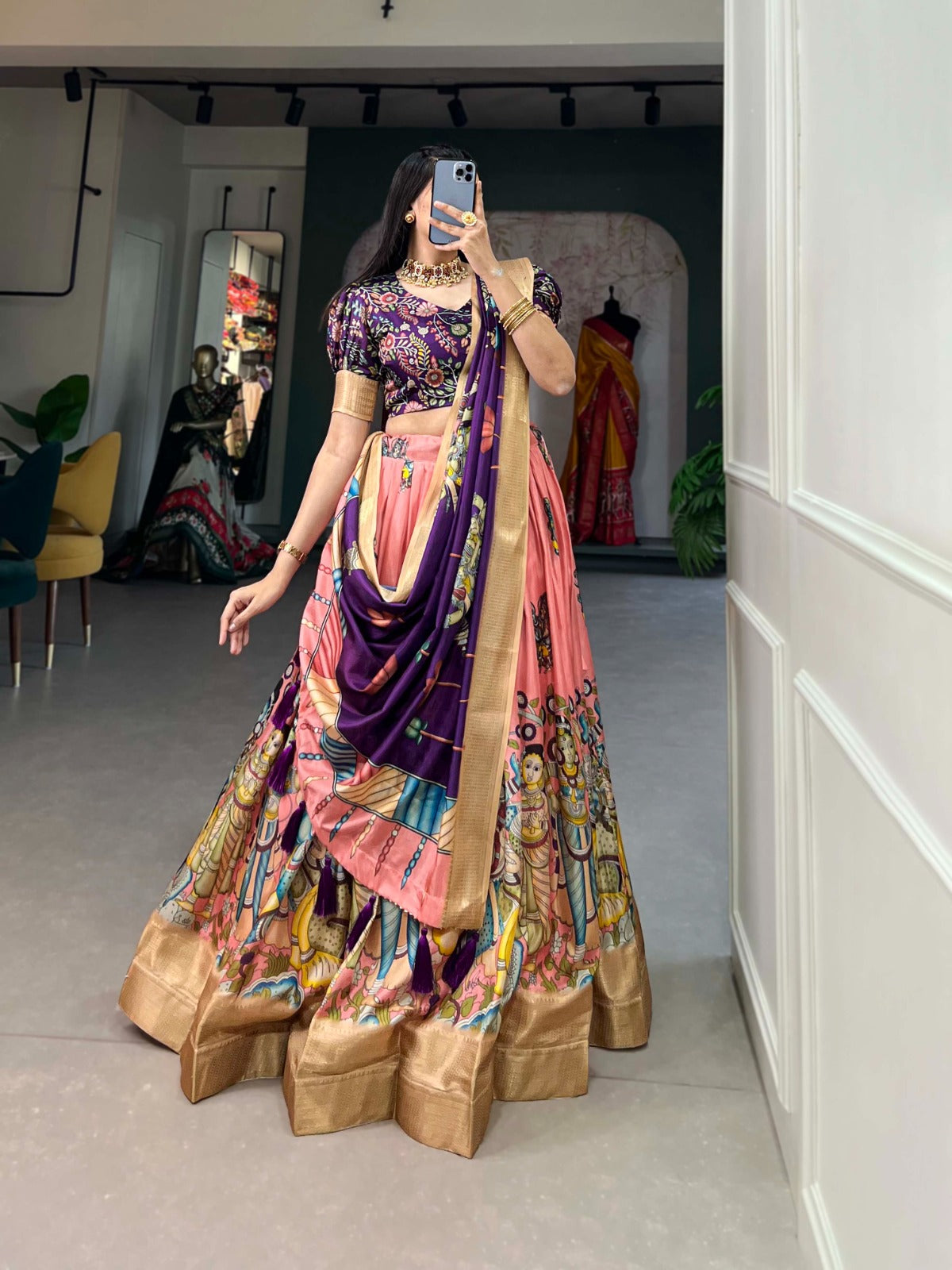Indian ethnic Lehenga choli Dola silk fabric Kalamkari print work Weaving border lehenga with dupatta