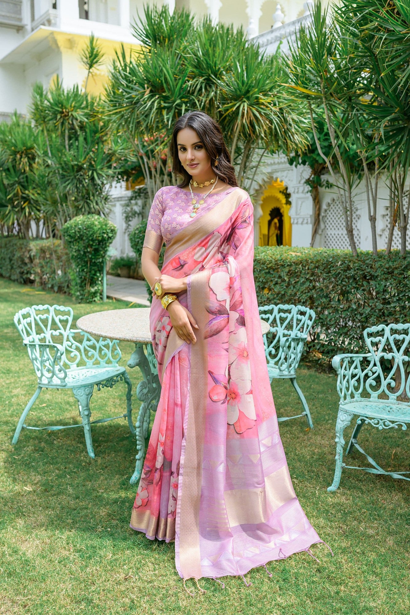 Indian ethnic Soft linen cotton fabric Floral print with zari weaving border work Women's saree