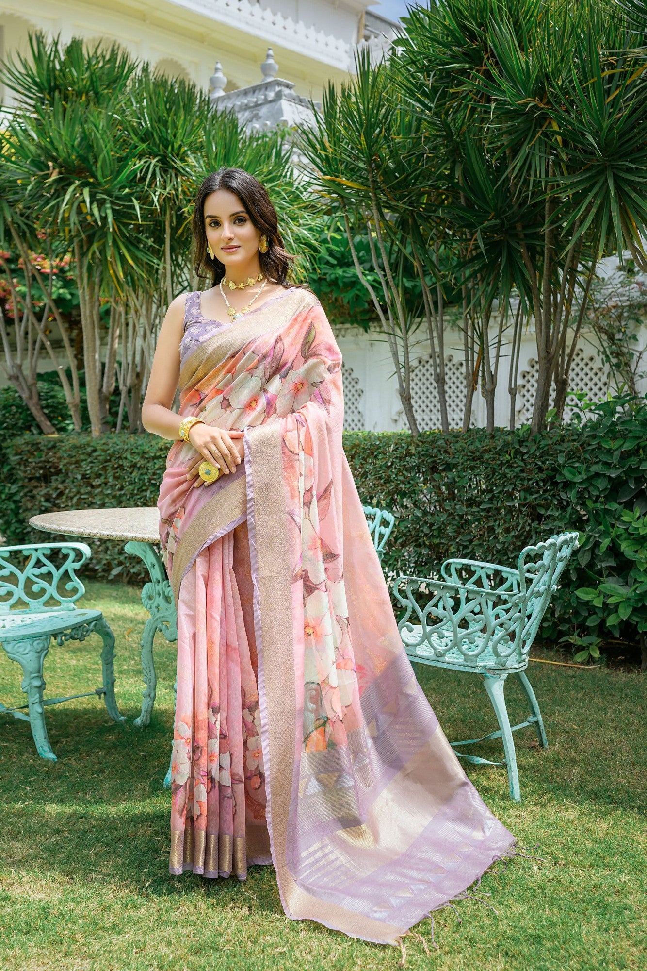 Indian ethnic Soft linen cotton fabric Floral print with zari weaving border work Women's saree