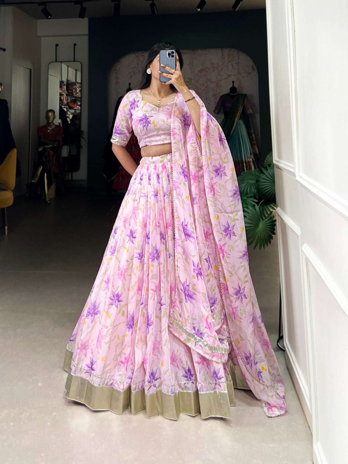 Indian ethnic Tabby silk lehenga Floral printed lehenga choli with Dupatta
