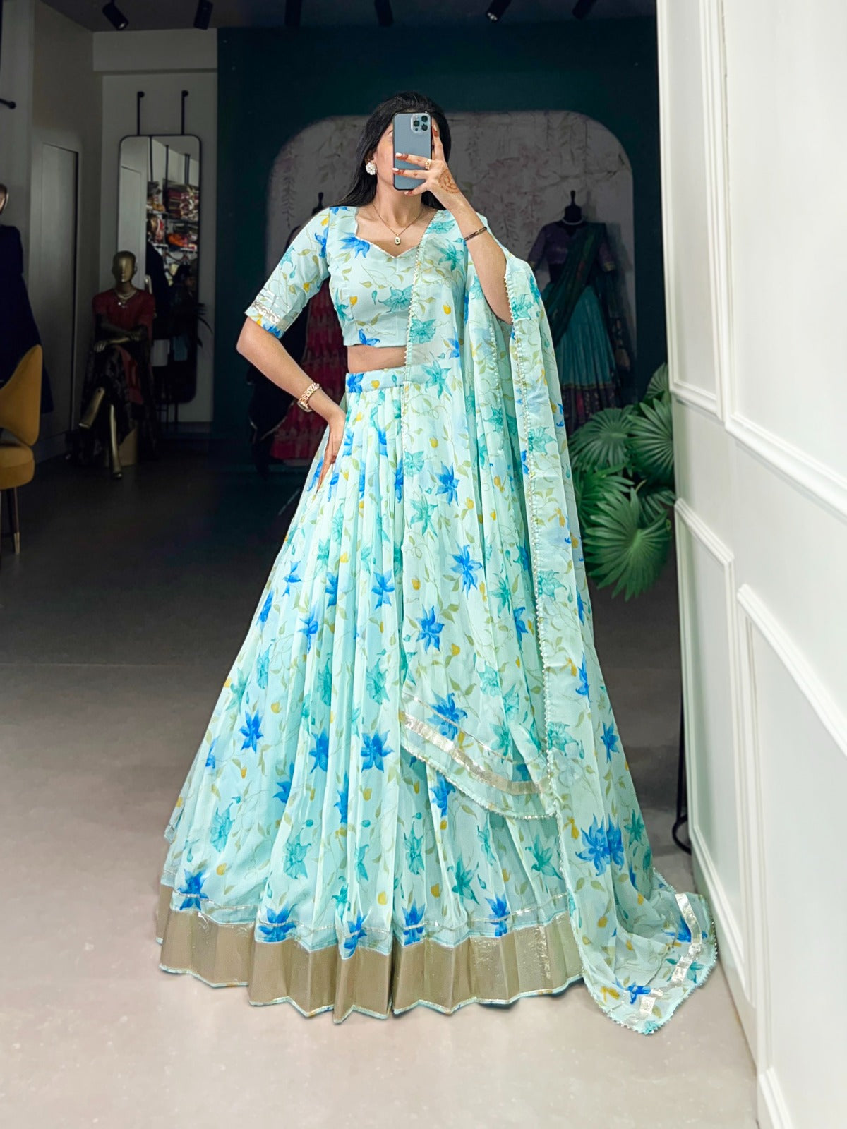 Indian ethnic Tabby silk lehenga Floral printed lehenga choli with Dupatta
