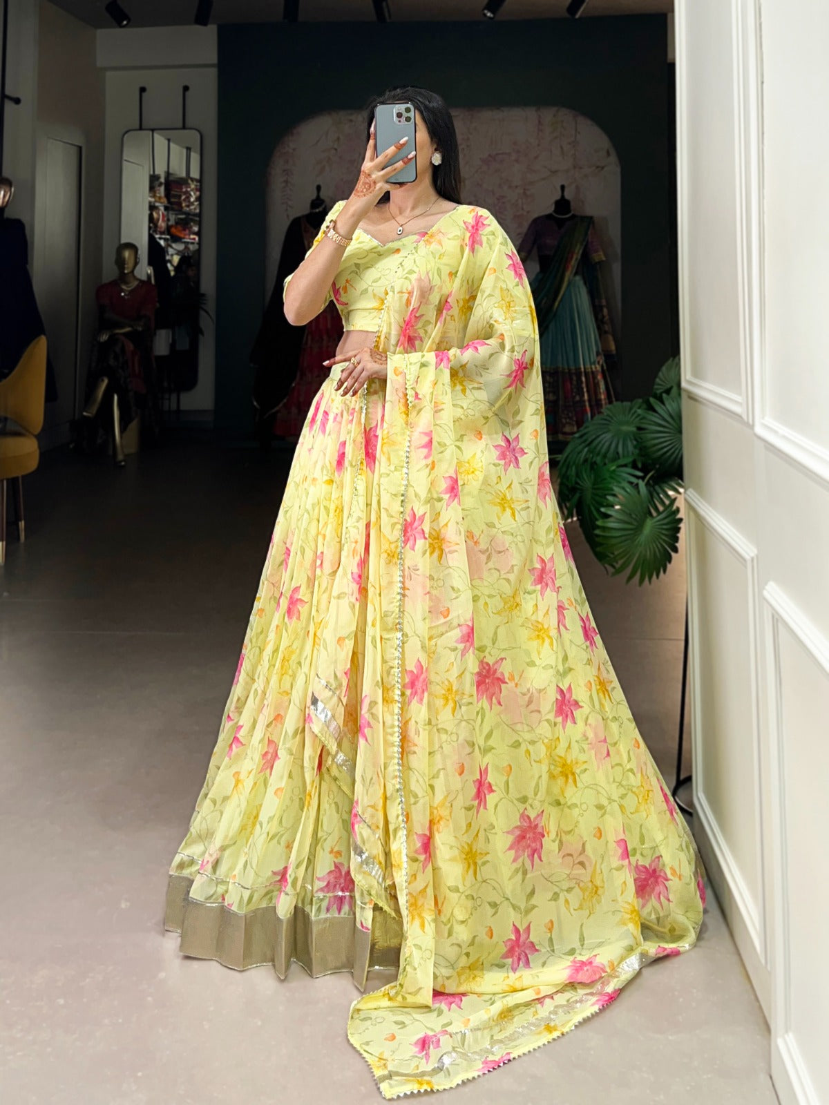 Indian ethnic Tabby silk lehenga Floral printed lehenga choli with Dupatta