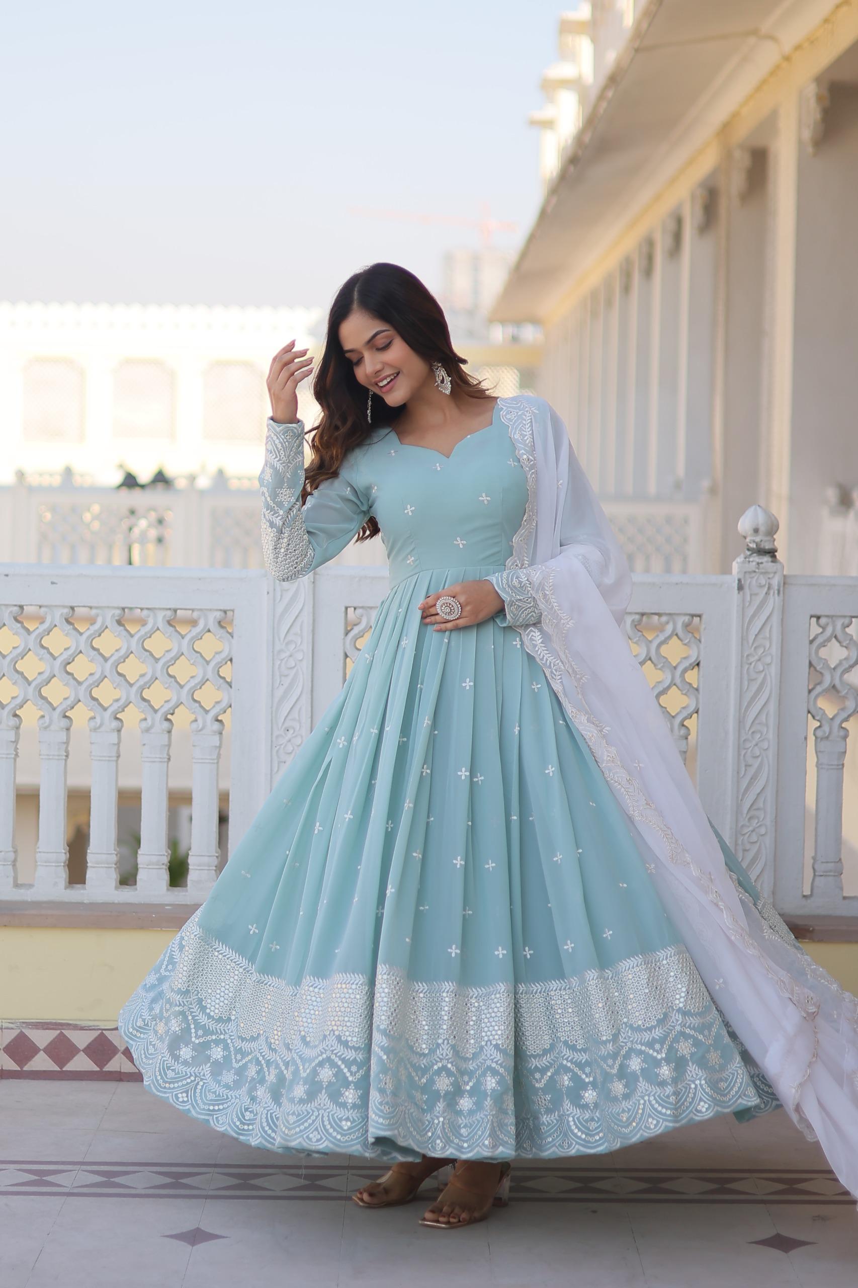 Sky color gown Embroidered work Gown with Dupatta Set