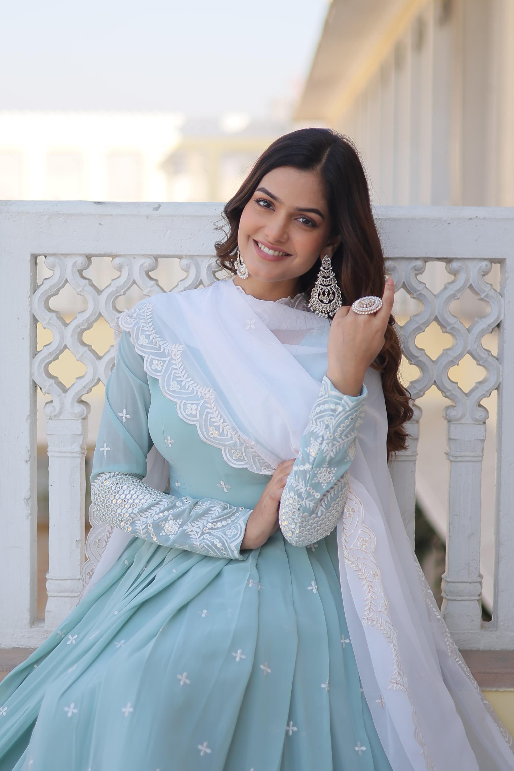 Sky color gown Embroidered work Gown with Dupatta Set