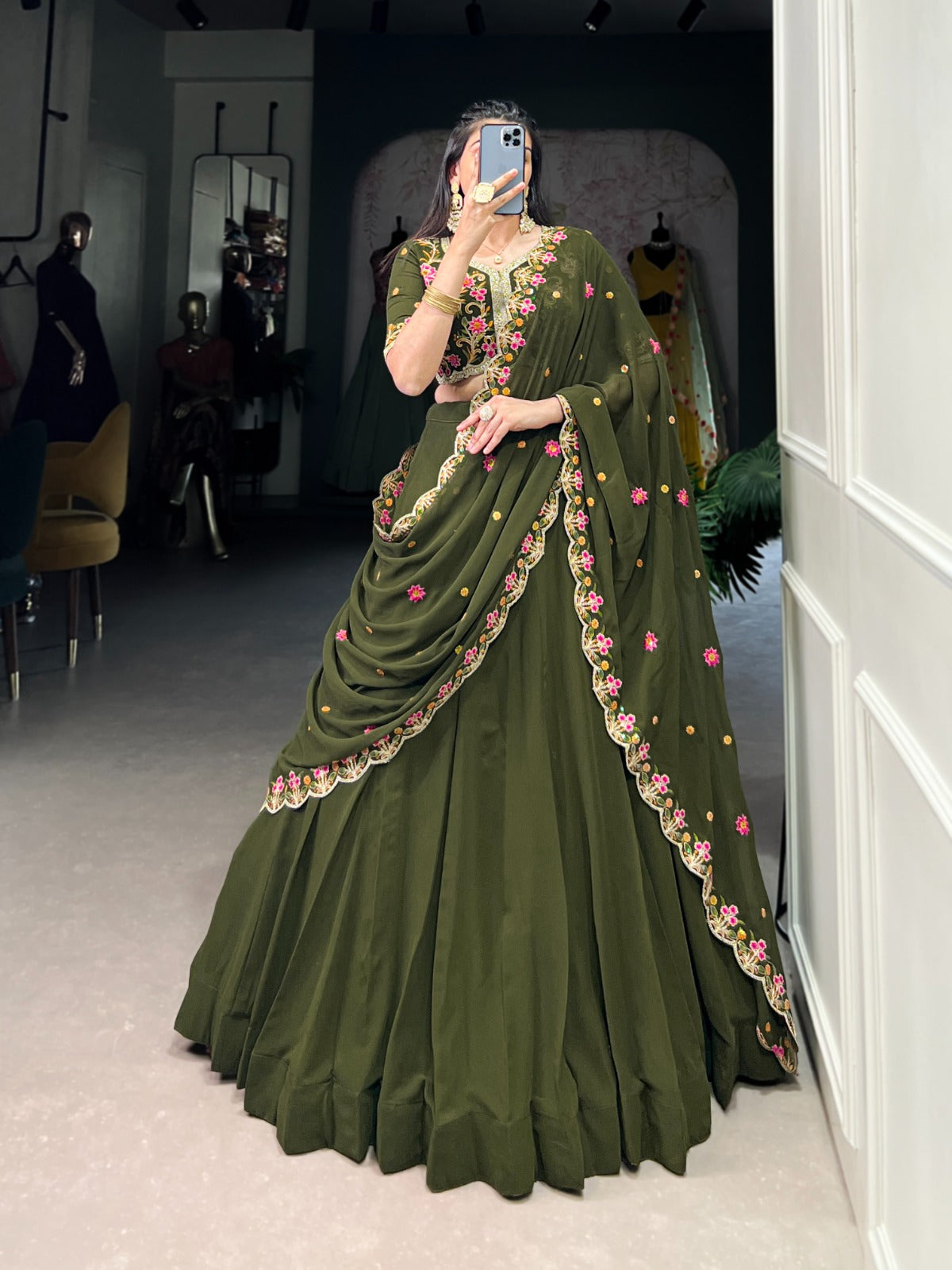 Georgette fabric Mehendi glow meets sequin flower lehenga choli
