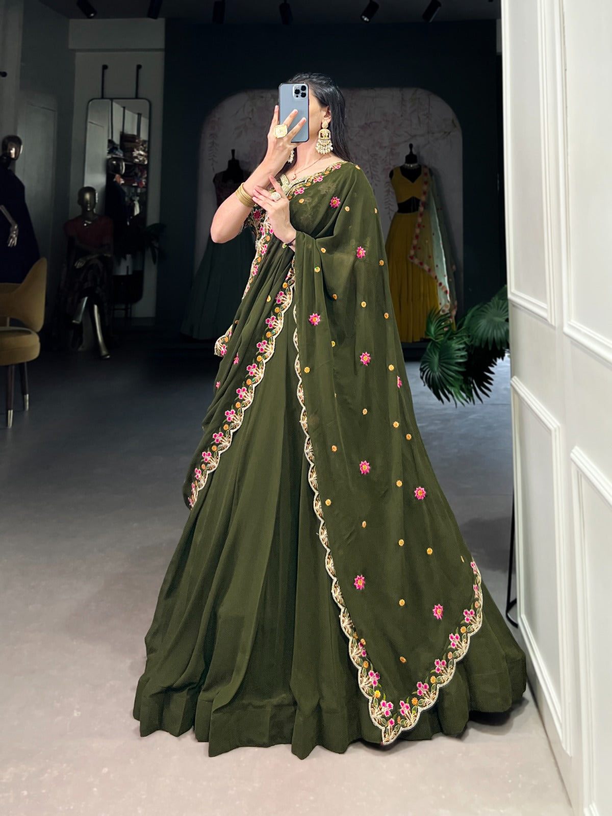 Georgette fabric Mehendi glow meets sequin flower lehenga choli