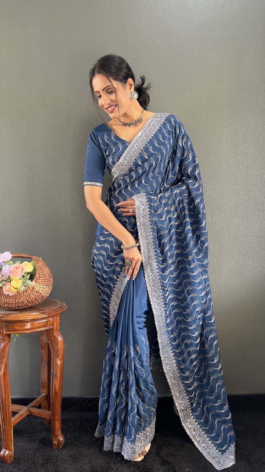 Premium chinon silk fabric Embroidery with sequins cut work Ready to wear saree