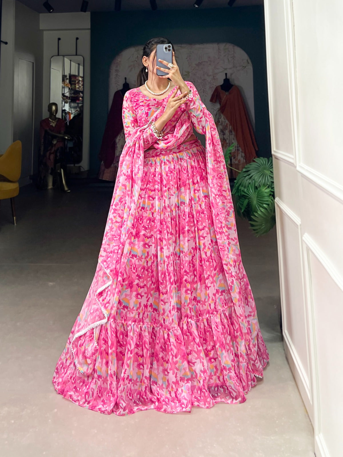 Georgette fabric Pink lehenga with Print work Tradition Lehenga choli with Dupatta