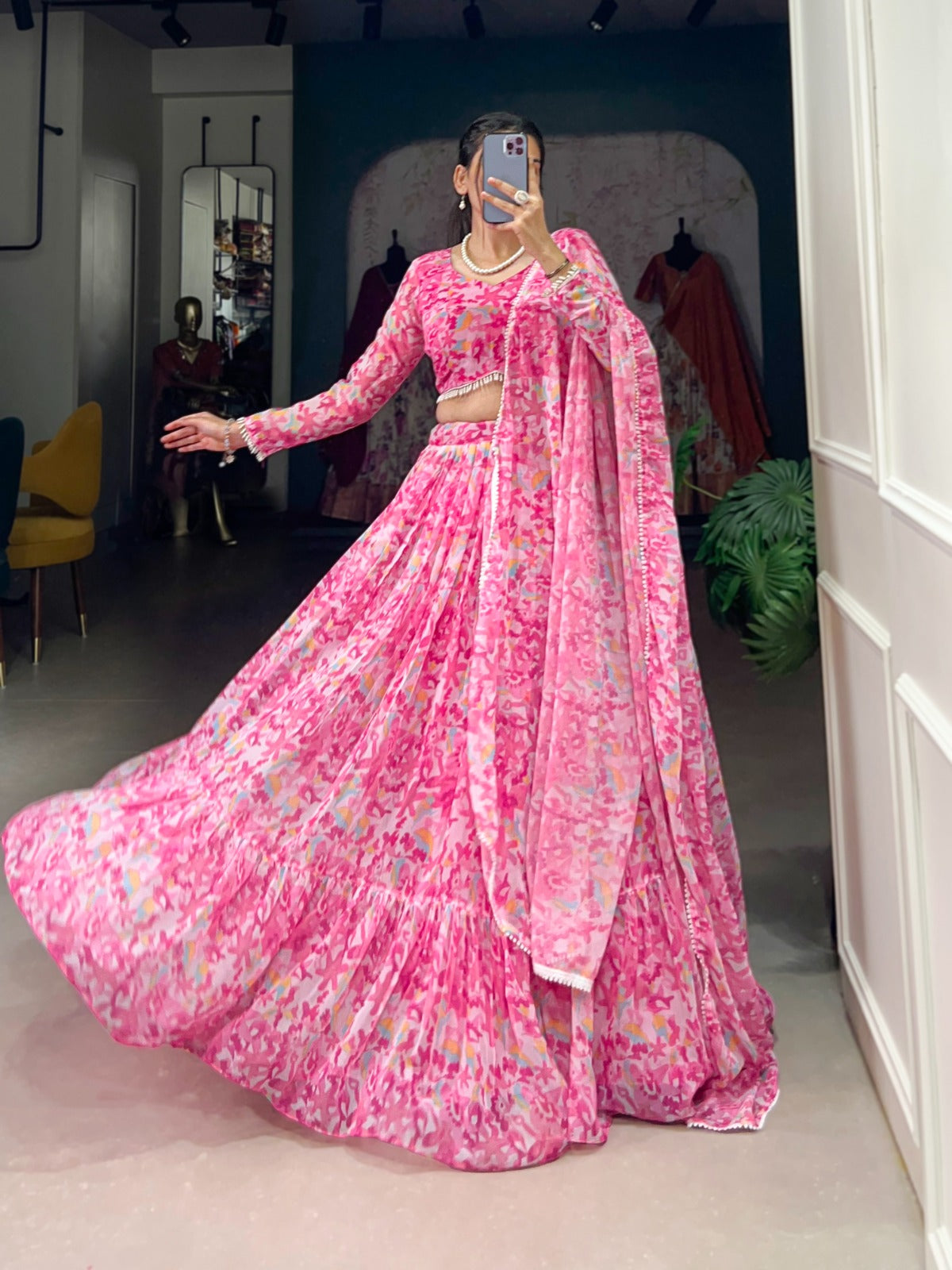 Georgette fabric Pink lehenga with Print work Tradition Lehenga choli with Dupatta