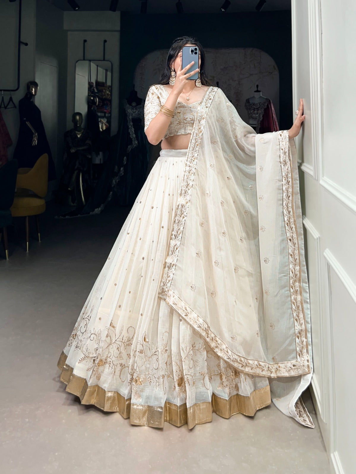 Off White Chaniya choli Silver Glossy fabric Embroidery with foil work lehenga Sequin Lehenga choli