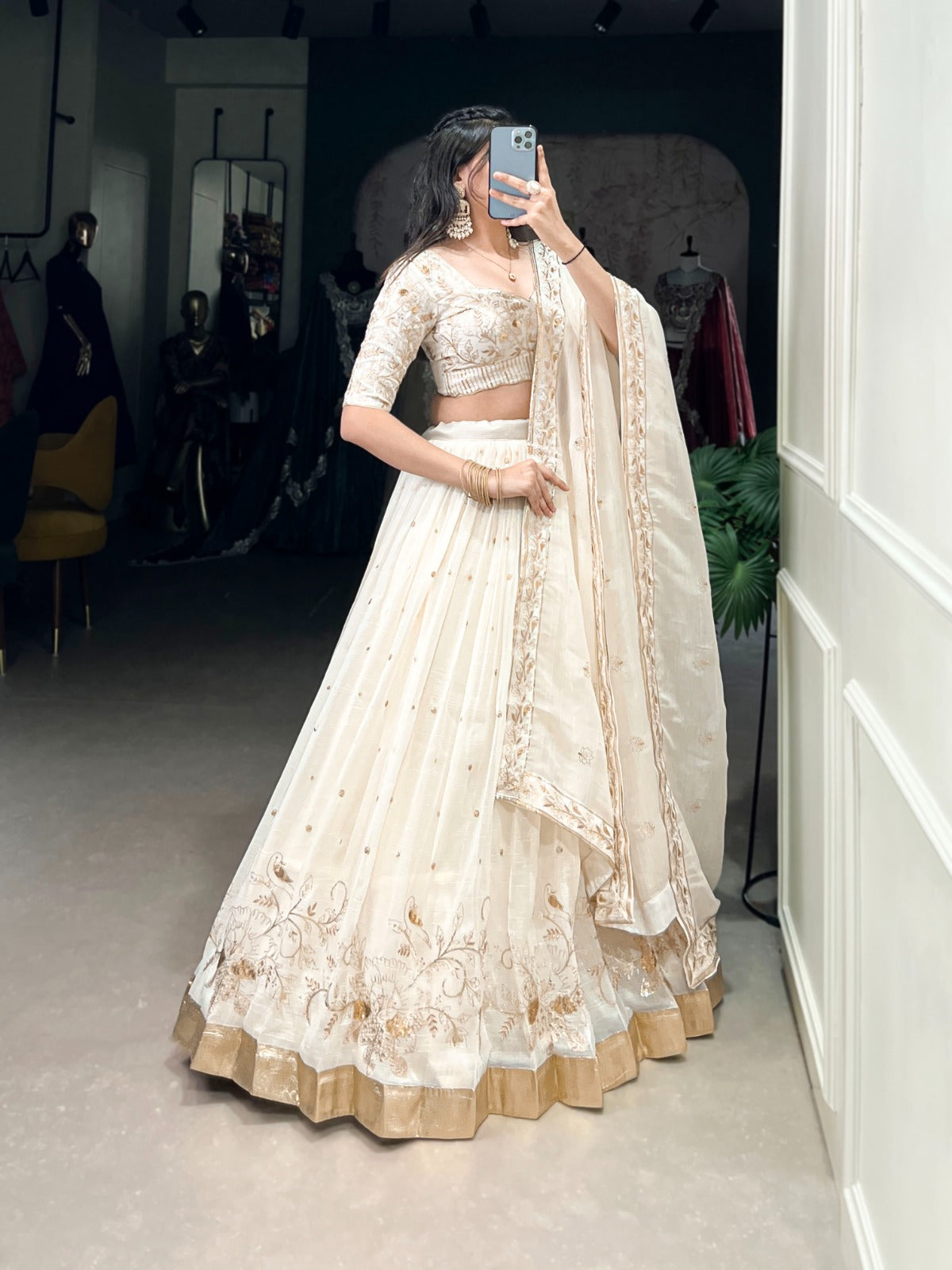 Off White Chaniya choli Silver Glossy fabric Embroidery with foil work lehenga Sequin Lehenga choli