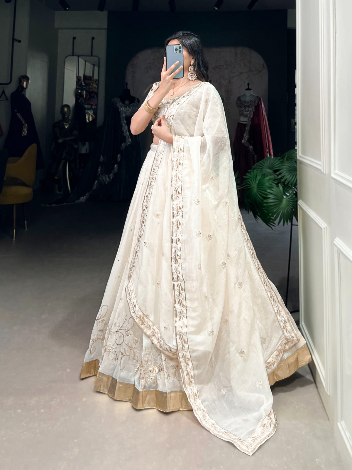 Off White Chaniya choli Silver Glossy fabric Embroidery with foil work lehenga Sequin Lehenga choli