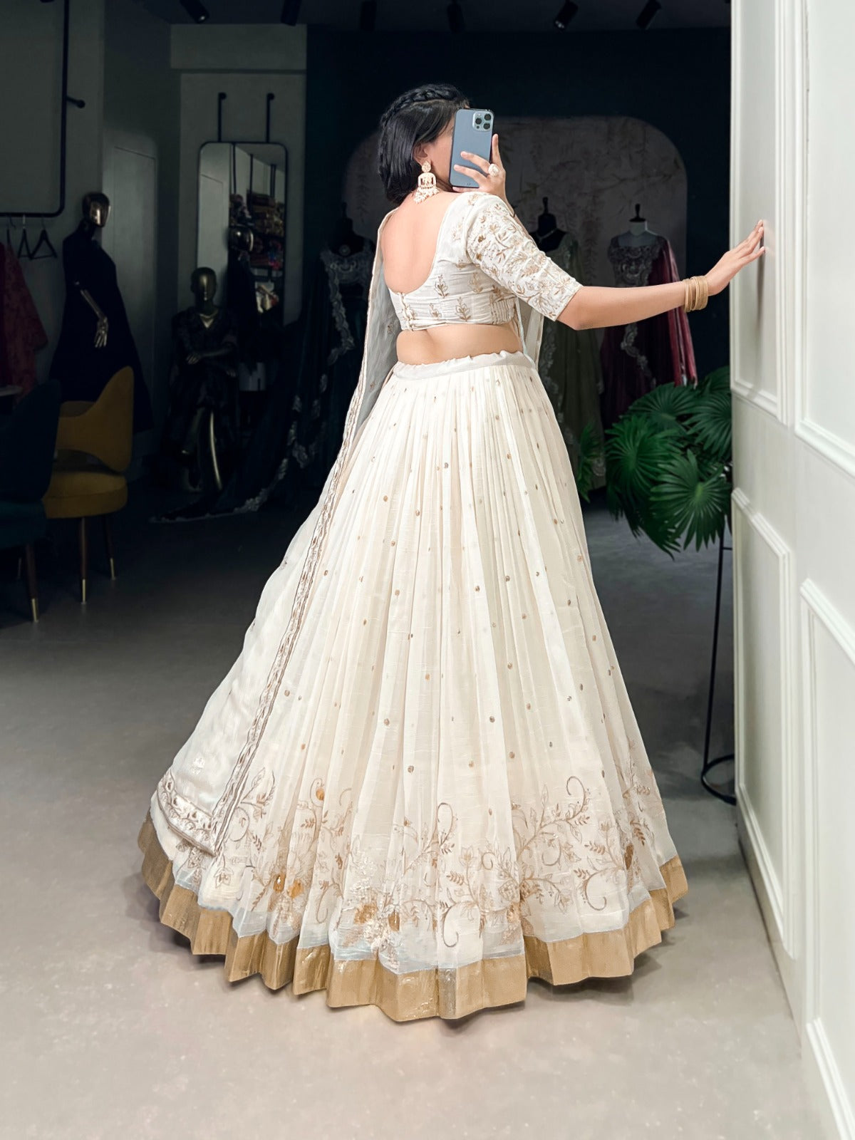 Off White Chaniya choli Silver Glossy fabric Embroidery with foil work lehenga Sequin Lehenga choli