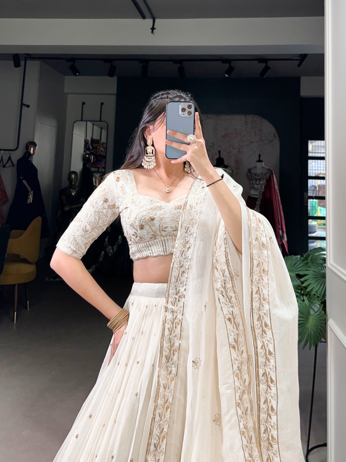 Off White Chaniya choli Silver Glossy fabric Embroidery with foil work lehenga Sequin Lehenga choli