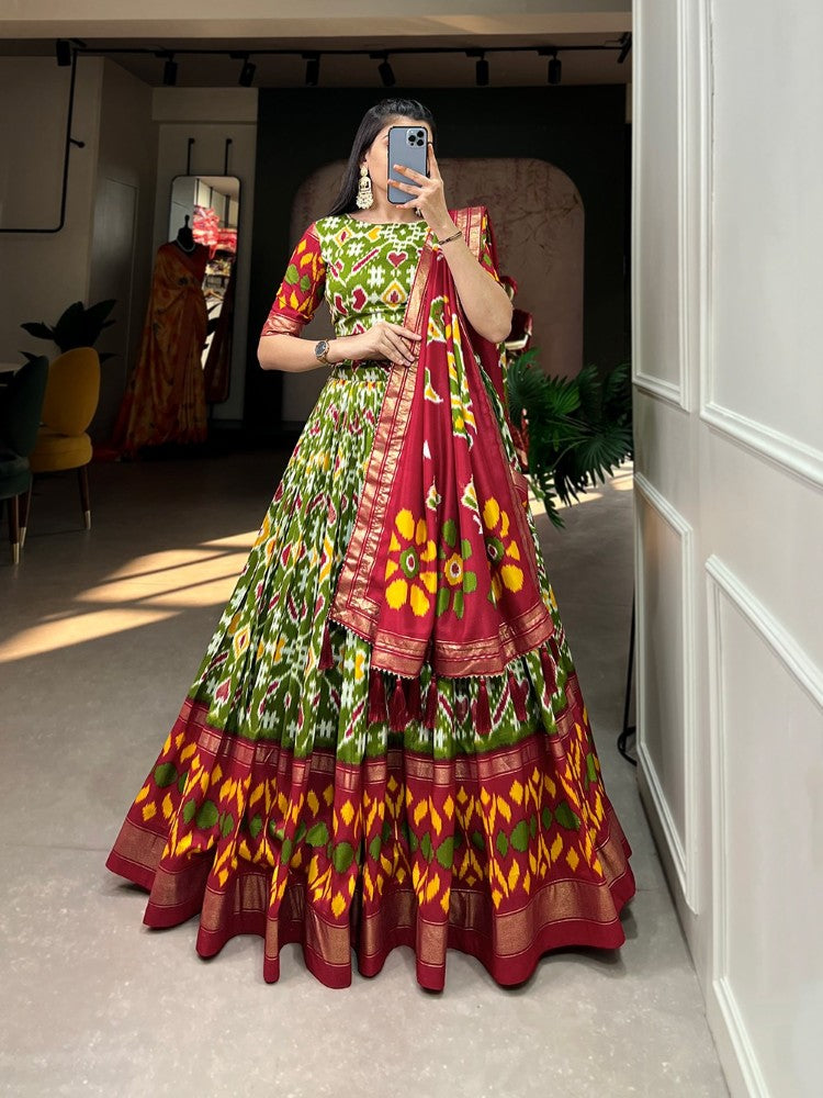Patola Print lehenga choli Tussar silk fabric Green color lehenga choli with Foil work