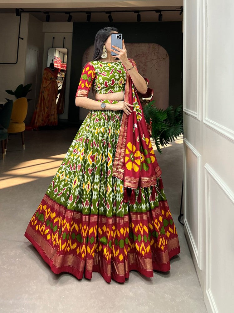 Patola Print lehenga choli Tussar silk fabric Green color lehenga choli with Foil work
